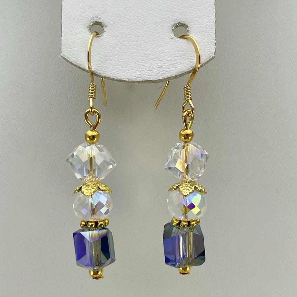 Earrings 18K Gold Plated Blue White AB Glass Beaded Dangle Boho Cute Unique